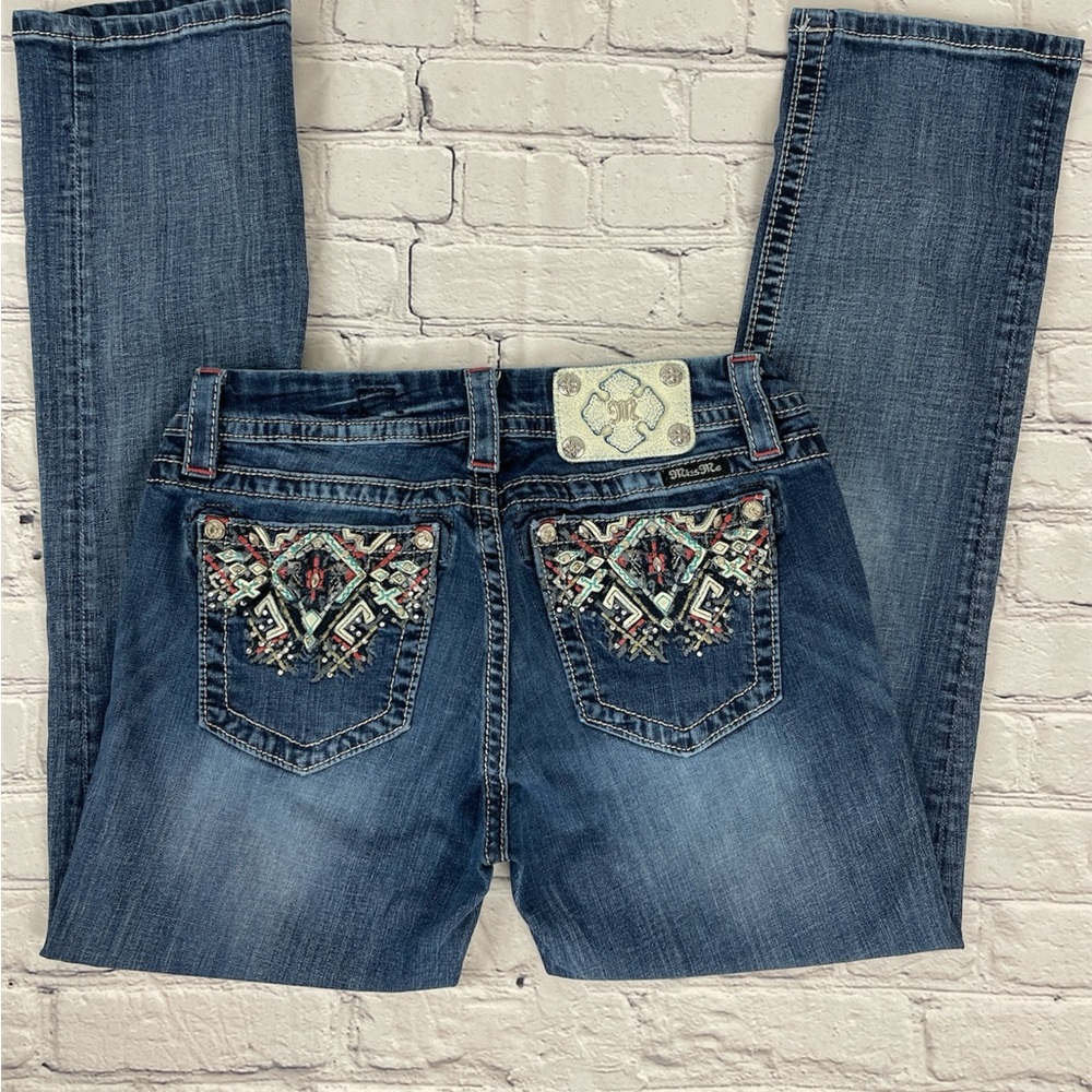 Miss Me Mid-Rise Easy Crop Jeans Embellished Embroidered Stretch Rhinestone 28